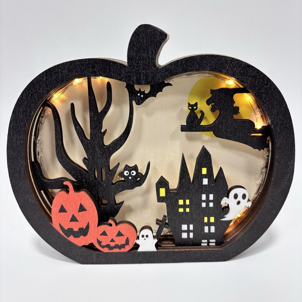 Light Up Halloween Pumpkin Haunted House Wooden Tabletop Decor LED